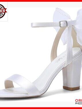 Satin Bridal Sandals with Pearl Bow Block Heel Adjustable Straps